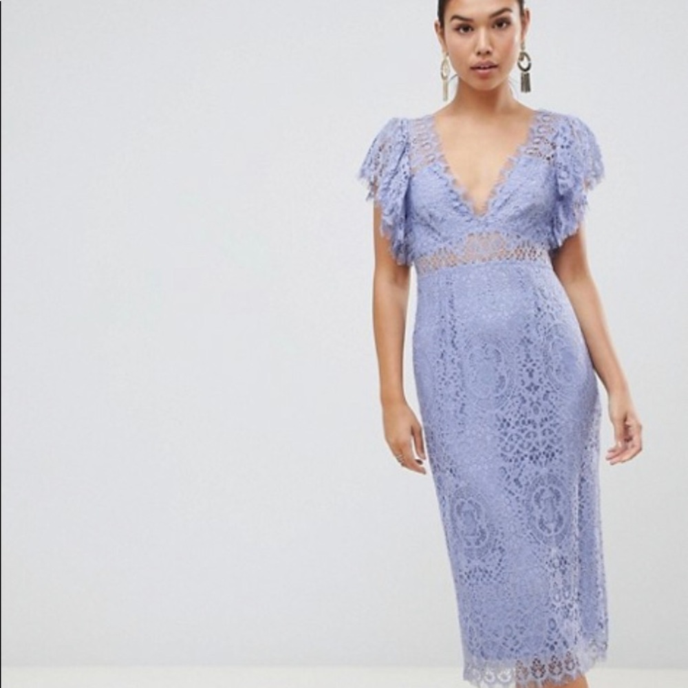 NWT ASOS Lilac Purple Lace Pencil Midi Dress with Frill Sleeve